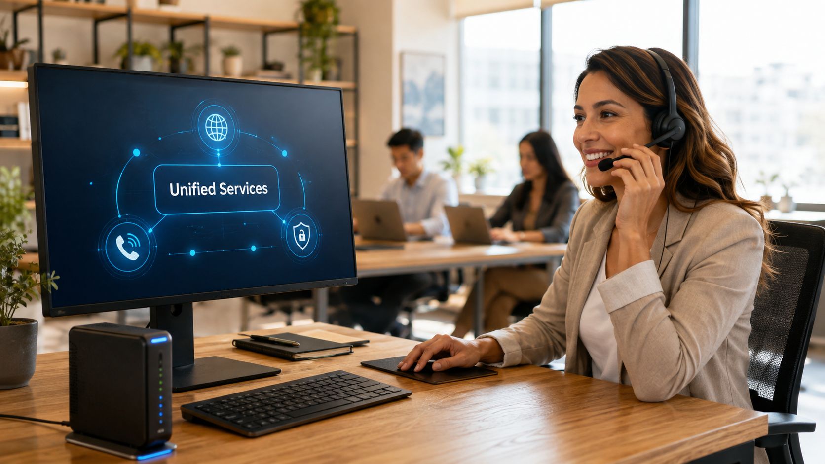 A professional customer service representative wearing a headset works at her desk with a Unified Services monitor.
