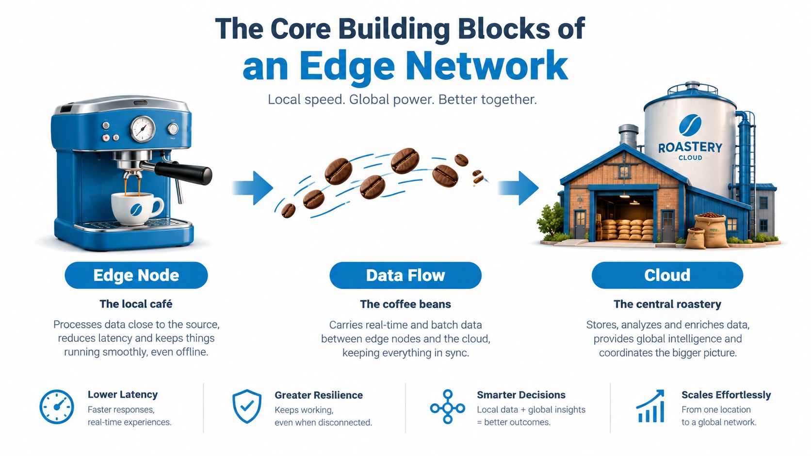 An illustration showing how edge nodes and cloud roastery storage connect to form an edge network.