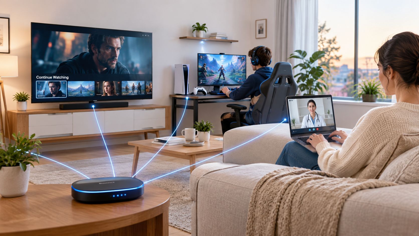 A modern living room showing a central hub wirelessly connecting devices like a television, gaming PC, and laptop.