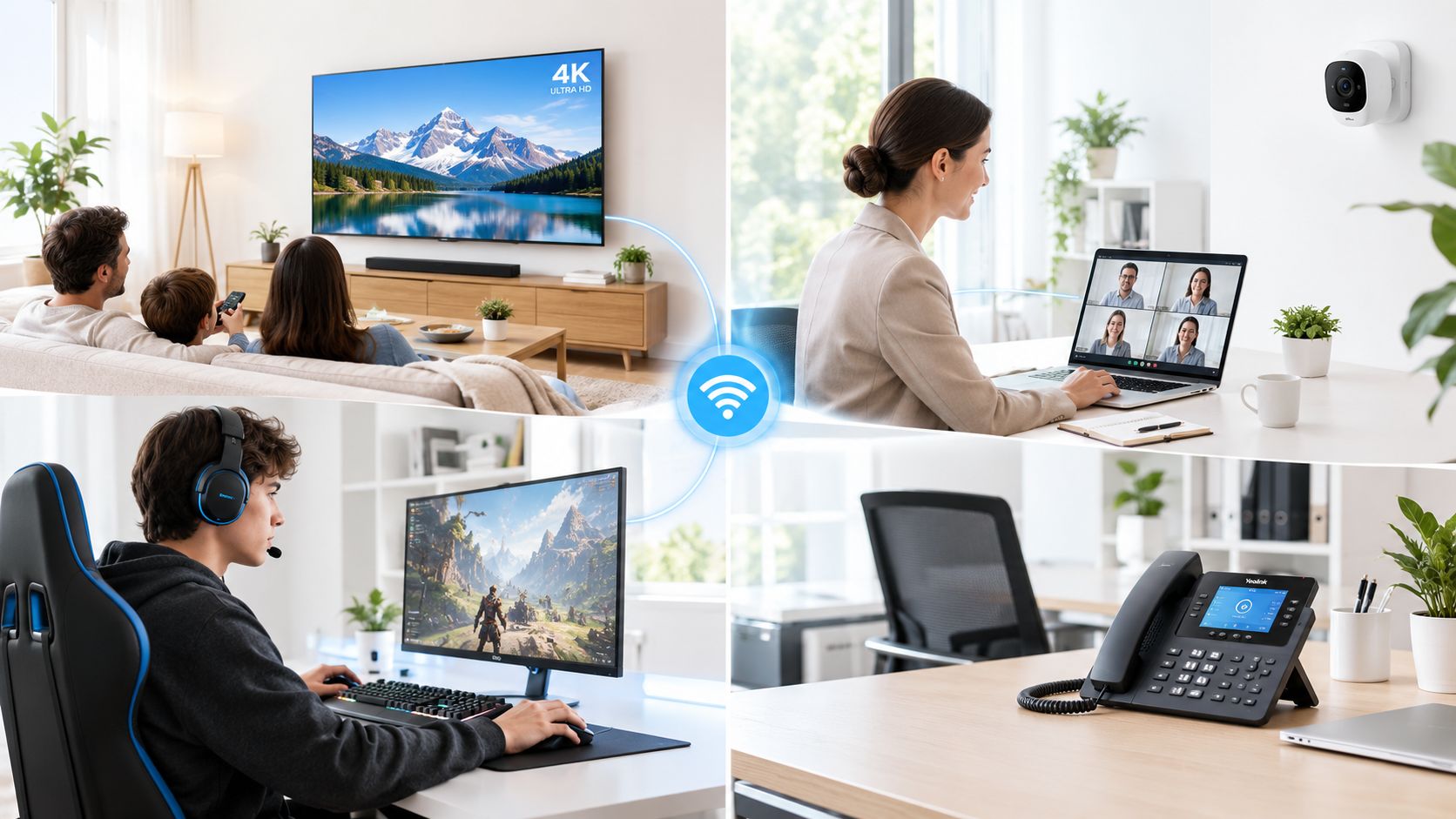 Collage showcasing smart home devices including 4K television, office laptop, gaming computer, and VoIP desk phone connectivity.
