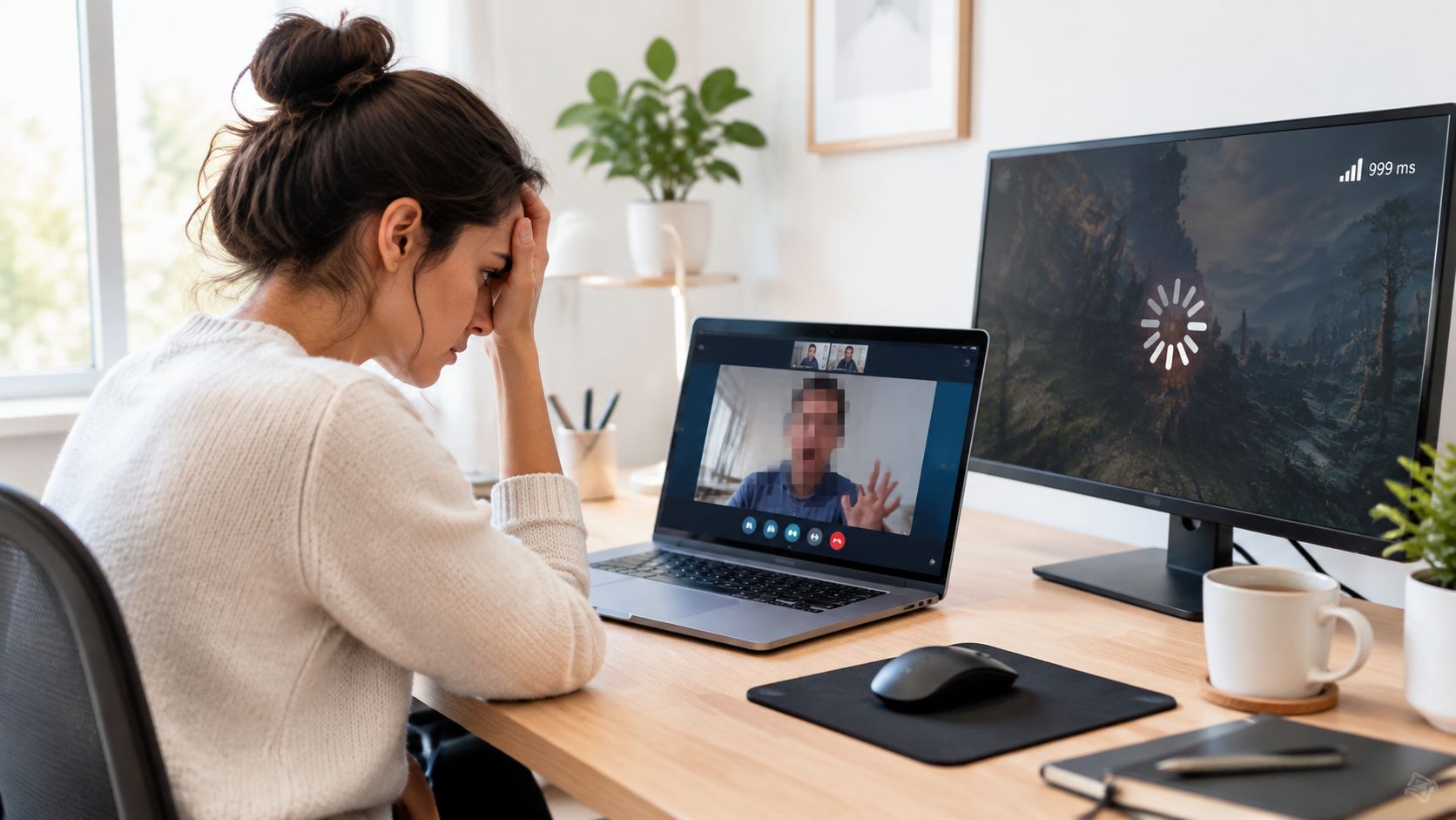 A woman sits at her desk, looking frustrated while dealing with technical issues during a video call.