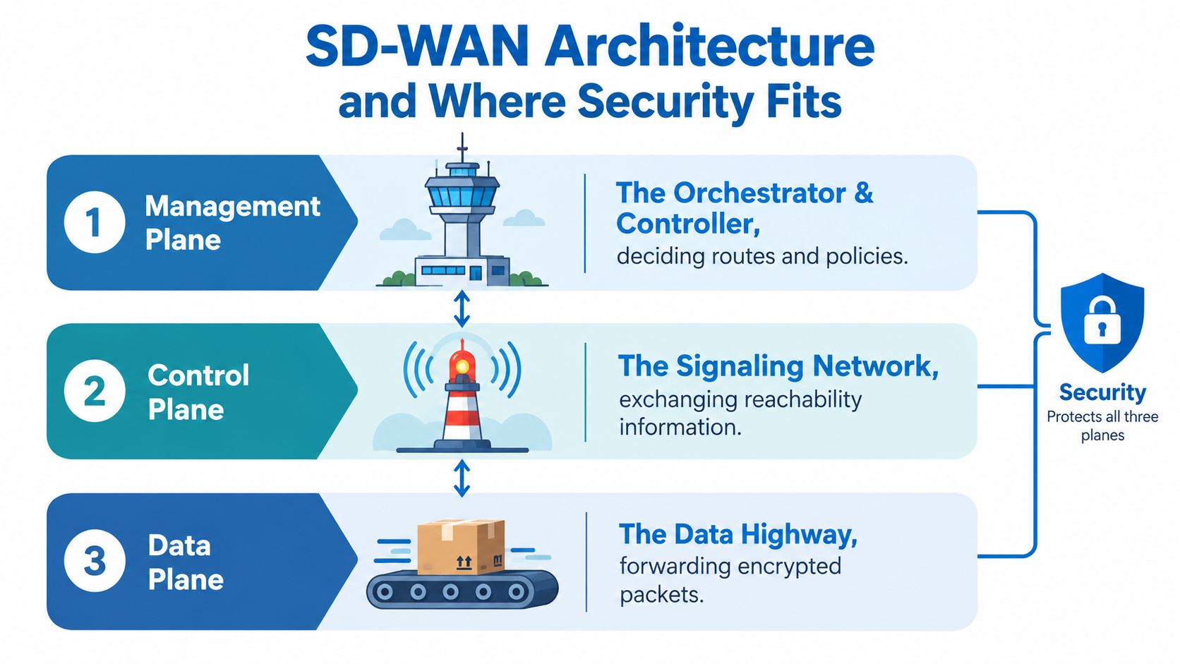 A diagram illustrating the three planes of SD-WAN architecture: management, control, and data, with security integrated.