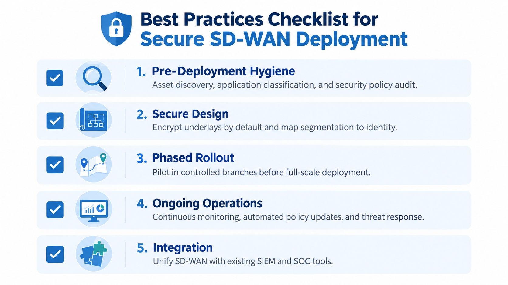 A checklist of five best practices for ensuring a secure and reliable SD-WAN network deployment.