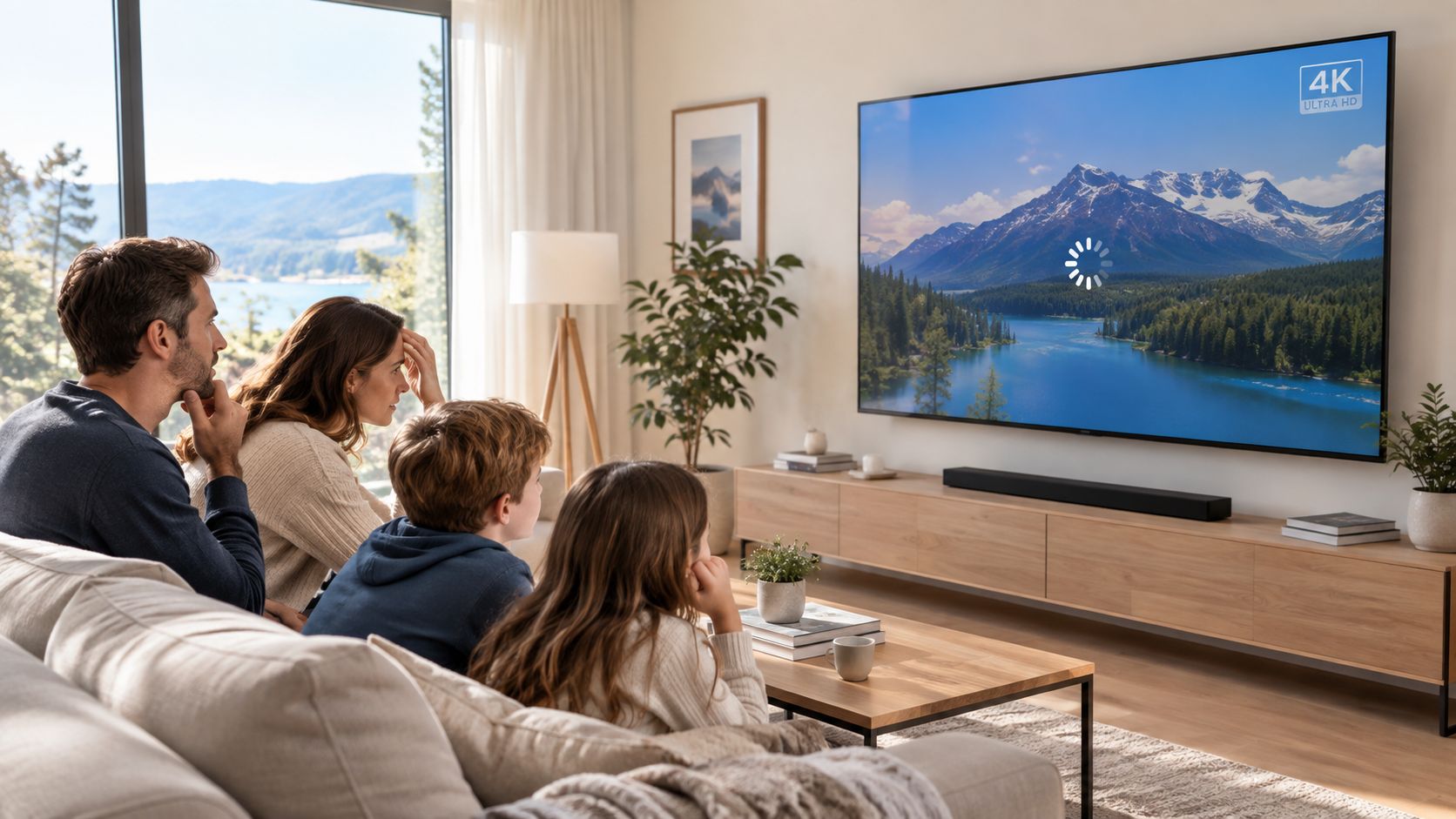A family of four sits on a couch at home waiting for a movie to load on their TV.