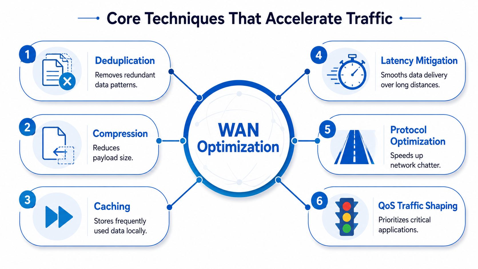 A diagram illustrating six core WAN optimization techniques used to accelerate network traffic and performance.
