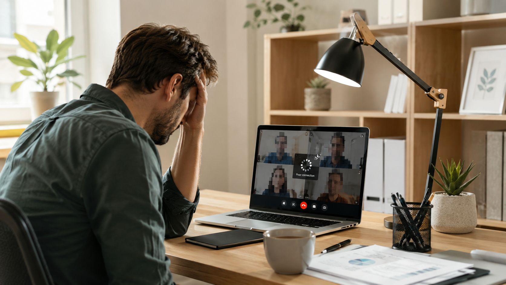 A frustrated professional sitting at a desk while experiencing poor internet connection during a video conference call.