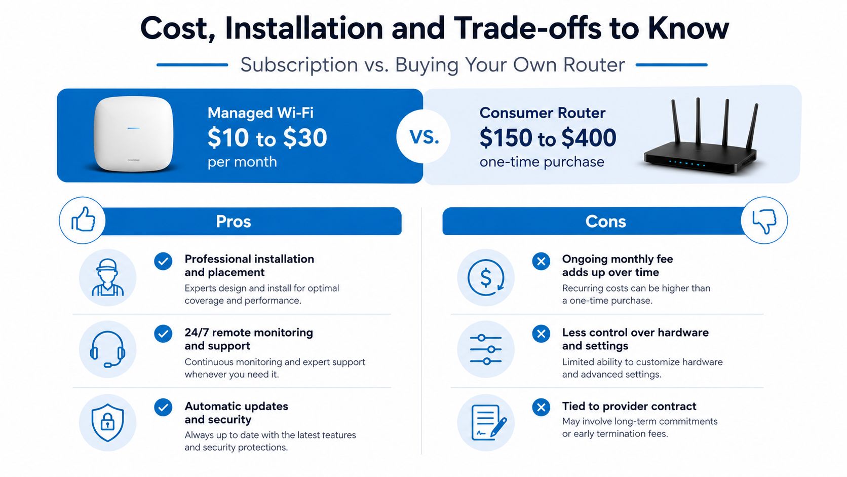 An infographic comparing the costs, benefits, and drawbacks of a managed Wi-Fi subscription versus buying your own router.
