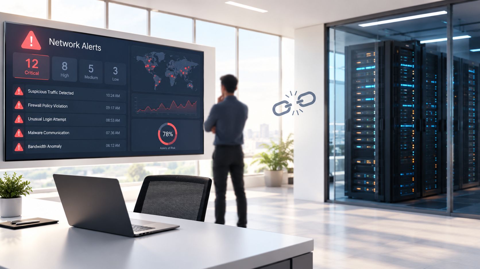 A professional IT analyst monitoring a large digital network security dashboard in a modern server room office.