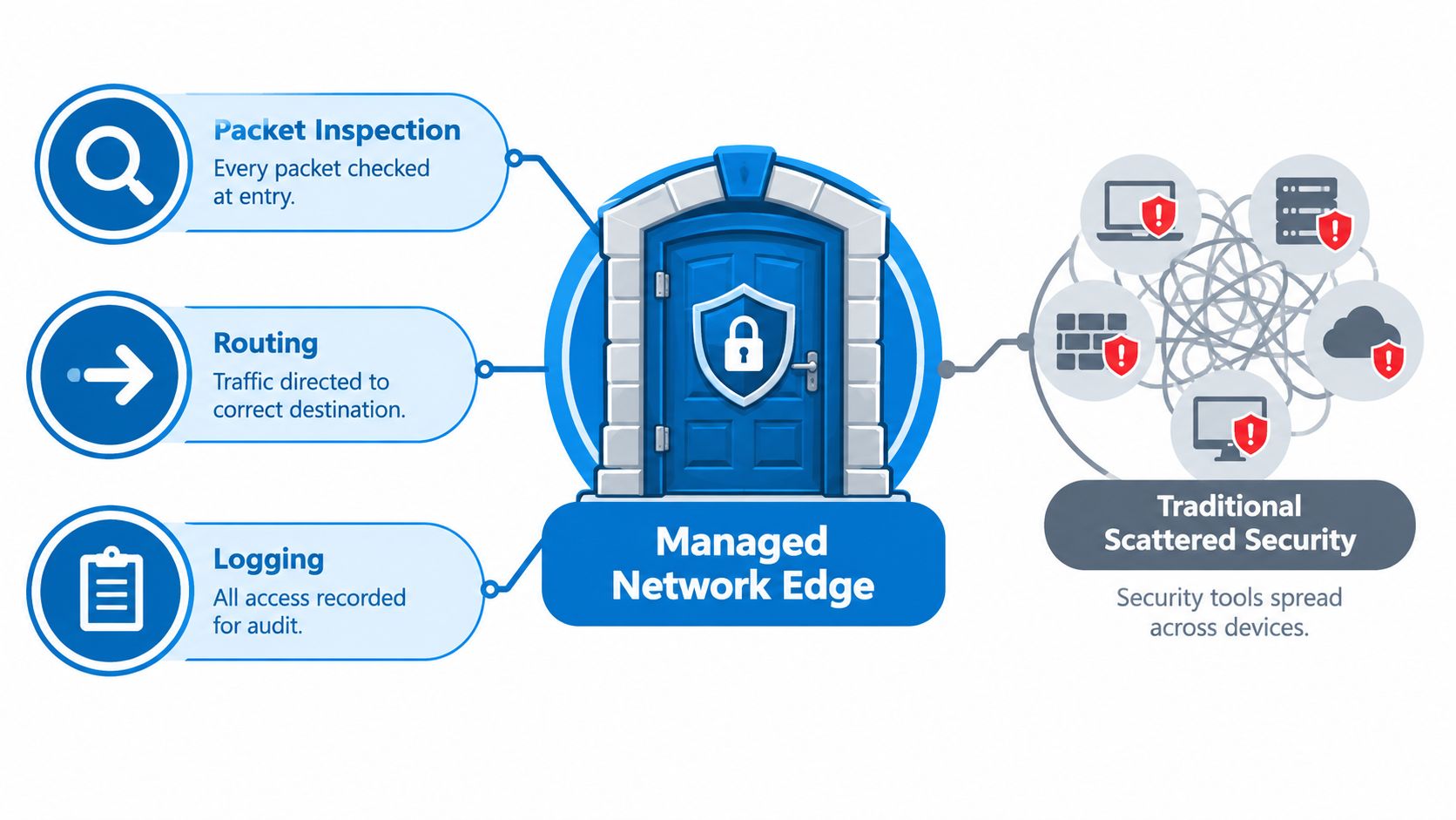 A diagram comparing centralized Managed Network Edge security features against traditional scattered security tools on various devices.
