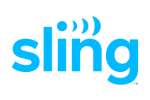 The Sling TV logo features the word sling in lowercase blue letters, with three curved blue lines above the i suggesting a Premier Broadband or streaming signal, set against a light gray background.